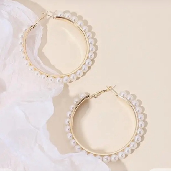Elegant Small Pearl Gold Hoops - Picture 2 of 7